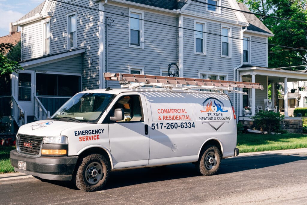 Tri-State Heating and Cooling service van on an emergency furnace repair call