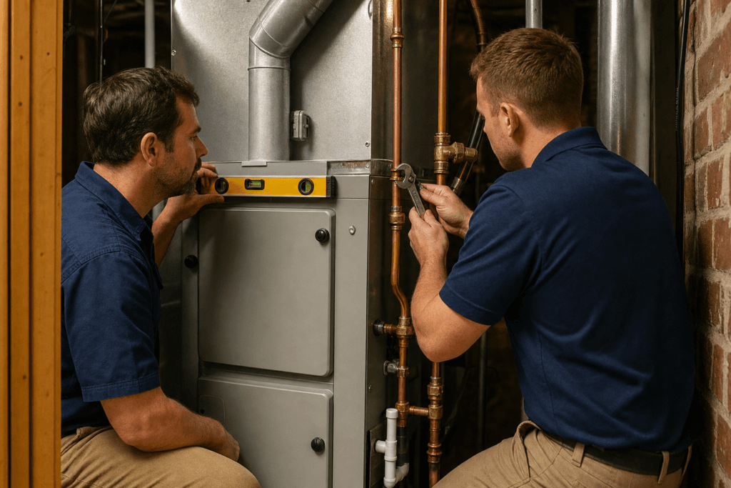 Two HVAC technicians installing high-efficiency heating equipment